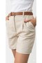 Una Fiaba, Natural Color Women's High Waist Leather Belted Pleated Shorts