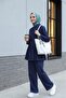 Half-Buttoned, Pleated Front, Tie-Waist Denim Suit with Trousers - Navy - 4