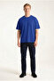 Men's Blue Oversize Modal Fabric Silky Textured Crew Neck T-Shirt - 4