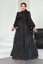 Yoryo Silk Hijab Evening Dress with Pleated and Stone Brooch Detail Black 1244 - 3