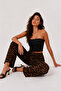 Women's Leopard Patterned High-Waisted Wide-Leg Trousers - Linen Look - 6