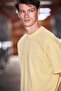 Vito men's 100% organic cotton embroidered text detail oversized loose fit short sleeve yellow t-shirt - 3