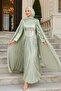 Mint Green Stone Embroidered Corseted Pleated Evening Dress - 2
