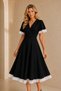 Women's Black Crepe Fabric Padded Double Breasted Collar Sleeves and Skirt with White Lace Detail Midi Evening Dress 77164 - 5