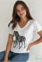 Women's White Zebra Embroidery Print 100% Cotton V-Neck T-Shirt - 2