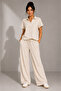Women's Cream Polo Collar Detailed Wide-Leg Pants Modal Fabric Top and Bottom Set - 4