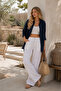 Navy Blue Oversized Cotton Summer Linen Shirt Pocketed Trend Loose Off Shoulder Women - 2