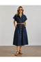 Women's Dark Blue Batwing Sleeve Buttoned Belted Maxi Denim Dress ELB-19002477 - 3