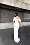 White Flexible Scuba Fabric Bow Stone Detailed Long Evening Dress583419 - 4