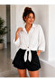 Low-sleeved oversize crop shirt with tie detail, linen blend - 5