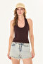 Ultra Soft Brown 95% Cotton Halter Neck Double Layer Crop Top Bodysuit - 3