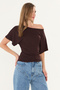 Brown Ultra Soft, Fitted at the Waist, Fully Stretchable, 95% Natural Viscose, No Show, Low Shoulder Bat Sleeve Blouse - 5