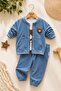 Baby Boy Teddy Bear Embroidered 3-Piece Set Denim Jeans Look Zippered Jacket + Badi + Sweatpants Mevs