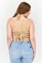 Women Halter Neck Sleeveless Allover Print Top, Tan - 4