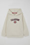 Boy's Sweatshirt with Printed Text and Hood, Ages 4-8, Stone Color - 3