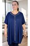Stone Embellished Detail Circular Neck Short Sleeves Loose Fit Viscose Fabric Extra Large Size Blouse Black - 6