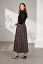 Women's Burgundy Black Plaid Patterned High Waist Midi Skirt with Pockets - - 2