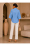 Women's Blue Bow Tie Detail Long Cotton Shirt - 3