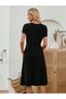 Women's Crew Neck Short Sleeve Elegant Midi Crepe Dress with Pockets - 2