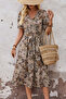 New Season Women's Short-Sleeved Double-Breasted Collar Side Lace-Up Patterned Single Jersey Midi Holiday Dress - 3