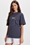 Women's Oversize Wide Cut 100% Cotton Crew Neck Soft Textured Printed Smoked T-Shirt - 3