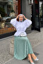Women's Basic High Waist Pleated Loose S.Green Long Skirt - 3