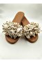 Pearl Embellished Slippers on Brown Leather - 2
