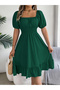 Dark Green Square Neck Knee Length Dress
