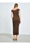 Brown Texture Asymmetric Neck Bodycon Midi Dress - 5
