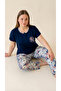 Navy Blue Lace Collar Detailed Viscose Short Sleeve Plus Size Pajama Set - 2
