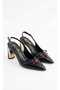 Melinta Black Ribbon Bead Detail Gold Heeled Shoes - 6