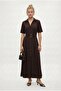 Women's Alisa Belted Gold Buttoned Long Woven Brown Shirt Dress - 4