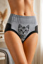 Women's Gray Cat Patterned High Waist Panties - Comfortable Cut Cotton Underwear with Black Stripes