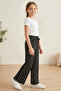 Girl's Black Floral Patterned Wide-Leg Pants with Elastic Waist and Comfortable Cut - 2