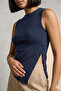 Women's Navy Blue Modal Ribbed Fabric Zero Neckline Side Button Detailed Asymmetrical Sleeveless Blouse - 2
