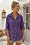 Purple Shirt Collar 3/4 Sleeve Buttoned Embroidered Casual Cotton Woven Shirt 70 60