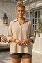 Beige Shirt Collar Buttoned 3/4 Sleeve Casual Muslin Oversize Woven Blouse 67 65 - 3