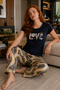 Round Neck Long Comfortable Cotton Pajama Set 41551 Navy Blue - 4