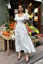 Women's White Square Collar Balloon Sleeve Lined Brode Woven Dress