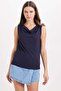 Women's Oversize Wide Cut Sleeveless Degaje Collar Navy Blue Athlete Blouse