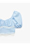 Sweetheart Neckline Balloon Sleeves Lace Detailed Gingham Crop Blouse - 6