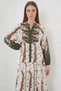 Women's V-Neck Gathered Waist Long Sleeve Floral Patterned Viscose Mustard Hijab Dress - 2