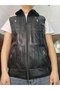 Men's Patchwork Vest with Fur Inside and Genuine Leather on the Outside, Sheep Wool Collar, Piping and Knitwear Detailing - 8