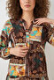 Women's V-Neck Belted Authentic Patterned Viscose Brown Hijab Dress - 4