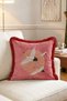 Flying Crane Birds Fringed Throw Pillow Cover - Japanese-Inspired Cover with Burgundy Tassels