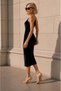 Women's Velvet Fabric Midi Length Evening Dress with Single Shoulder Strap - 2