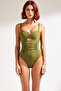 Women's Swimsuit Square Neck Sleeveless Draped Accessory Detailed Knitted Raschel Woven Without Underwire Covered Regular Cut - 4