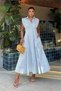 Women's Blue Poplin Fabric Dress with Padded Sleeves and Floral Embroidery Detail. ----   Nbemp2750 - 4