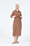 Maternity Elastic Sleeve Shirt Collar Midi Length Linen Dress Brown - 2
