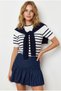 Women's Navy Blue Scarf Detailed Striped Short Sleeve Knitwear Blouse Blz-19003353 - 3